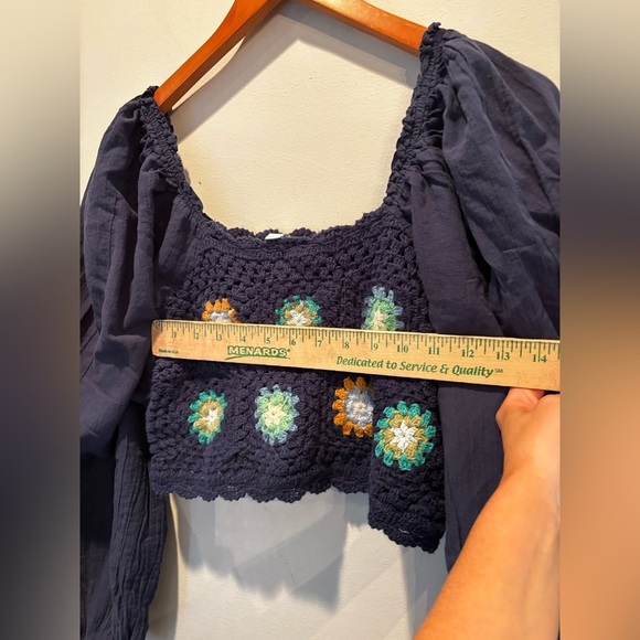 Aerie Navy Crochet Floral Women's Top large cottage core boho euro summer - Picture 6 of 10